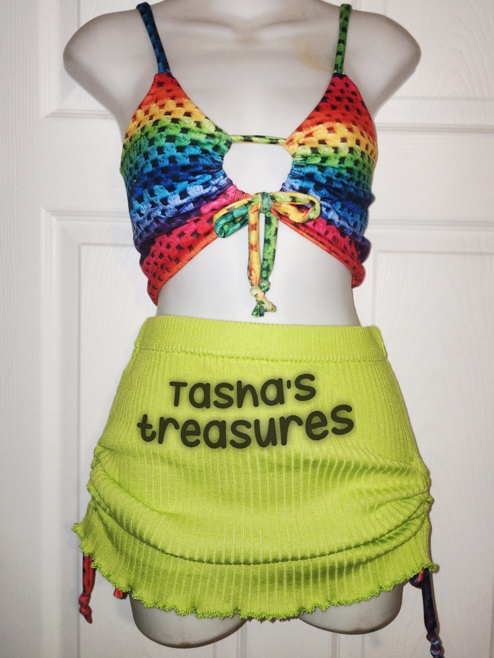 Rainbow Tie-Front Crop Top & Lime Skirt Rave Outfit Pride Small Medium